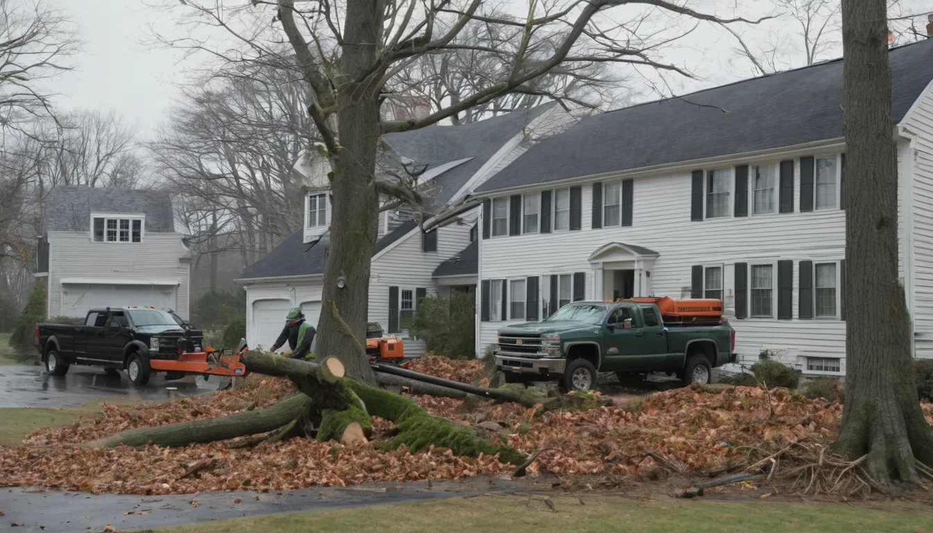 Provider crew safely cutting a storm-fallen tree beside a home in Danbury