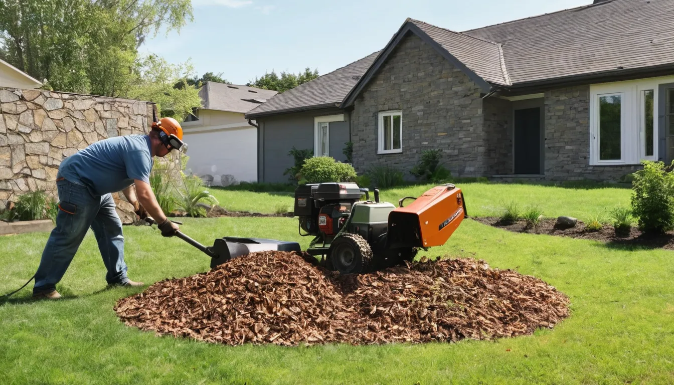 Stump grinding in a backyard across the Danbury area