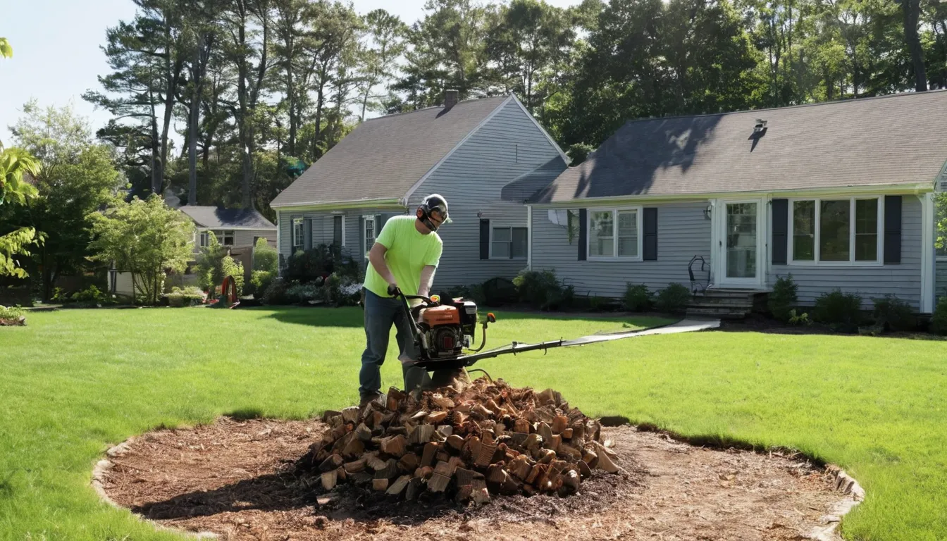 Provider grinding a tree stump in a backyard in Danbury